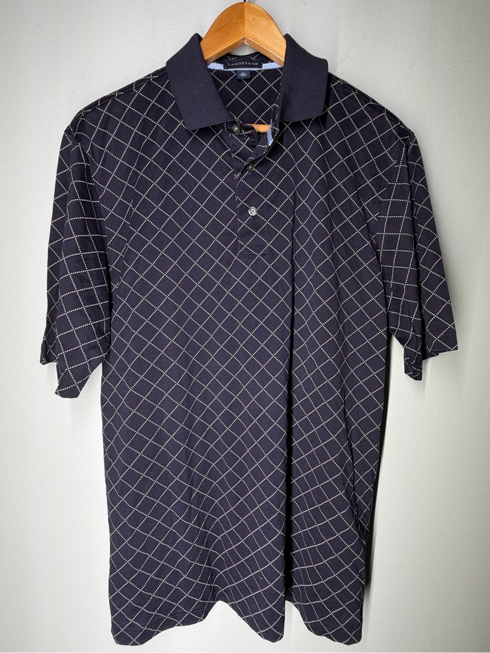 Lands’ End Navy Geometric Polo Shirt Cotton Golf Preppy Classic Country‎ Club